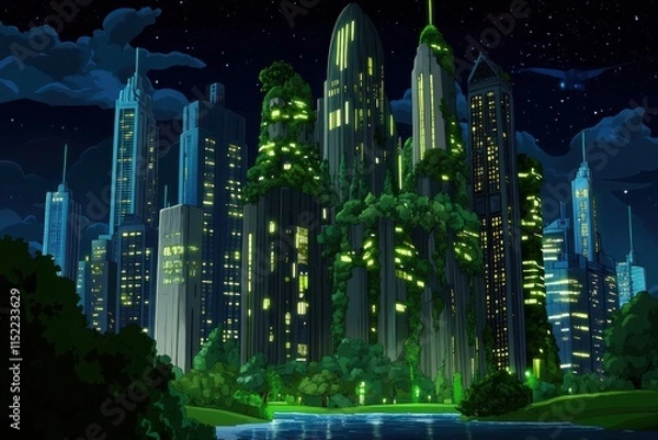 Obraz A Sprawling Cityscape with Interconnected Walkways and Vertical Gardens in a Cartoon Style, Illuminated by Ambient Light Under a Starry Sky