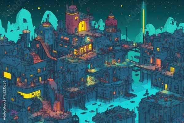 Obraz A Vibrant Sprawling Cityscape with Interconnected Walkways and Vertical Gardens in Cartoon Style, Bathed in Ambient Light Against a Night Sky Full of Stars