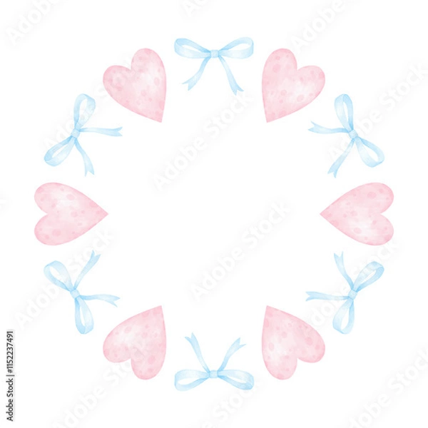 Fototapeta heart, bow. Watercolor round frame template in pastel colors for textile and wrapping paper. Cute watercolor illustration for Valentine's Day