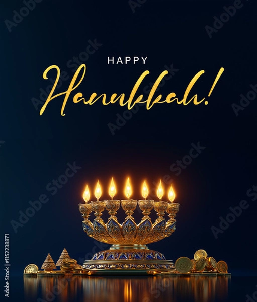 Obraz Hanukkah Menorah with Candles on Blue Background - Happy Hanukkah