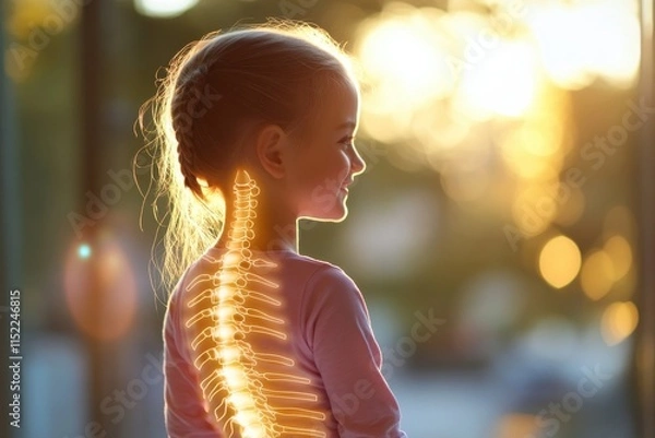 Fototapeta Pediatric Patient with Scoliosis Marked by Soft Overlay of Curvature in a Clinical Setting, Showcasing Back Profile in Gentle Lighting for Medical Illustration