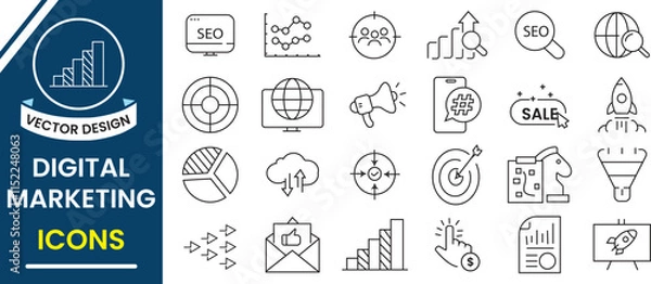 Fototapeta Digital marketing line icon vector set. Set of Digital marketing icon. Marketing icons design for web, logo and mobile app. Collection of marketing symbol, Vector illustration.	