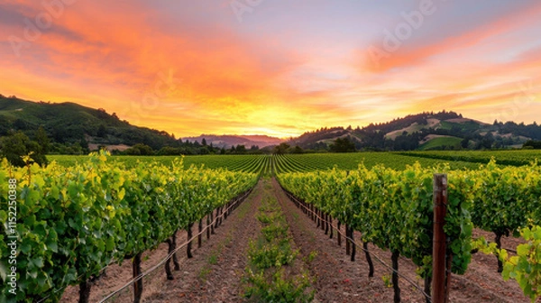 Fototapeta Drink Wine Day concept. dreamy vineyard scene with rows of grapevines under sunset sky