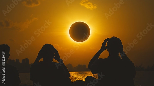 Obraz Individuals are enjoying the breathtaking view of a solar eclipse as the sun sets over the water, silhouetting a city skyline against a vibrant sky.