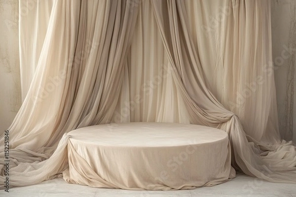 Fototapeta soft fabric-covered podium in neutral beige tones surrounded by flowing drapes and diffused lighting
