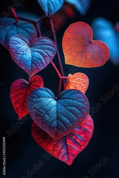 Fototapeta Colorful heart-shaped leaves create a stunning display in a dark background