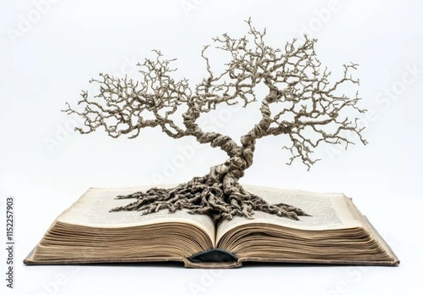 Obraz An open book with an ancient tree growing from its pages, symbolizing the timeless wisdom and knowledge found within books.. -