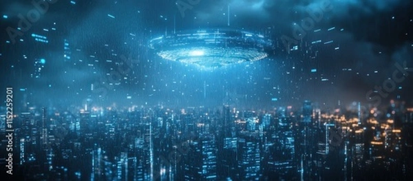 Fototapeta Futuristic spaceship hovering over a city at night, emitting blue light and data streams.