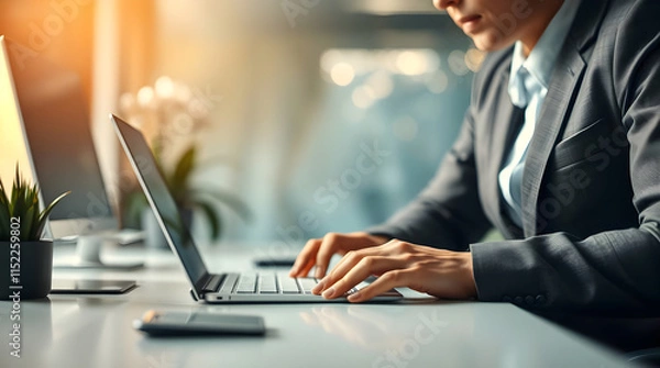 Fototapeta Professional in Modern Office Typing on Laptop with Soft Sunlit Background