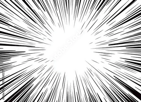 Obraz Black and white comic book background with radiating lines, vector illustration, white space in the center of the frame, vector graphics, simple shapes, vector art style, vector graphic, simple design