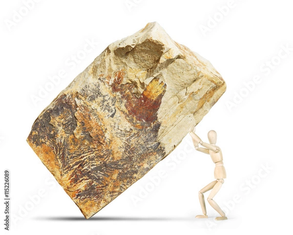 Fototapeta Man lifts up a huge rock. Abstract image with a wooden puppet
