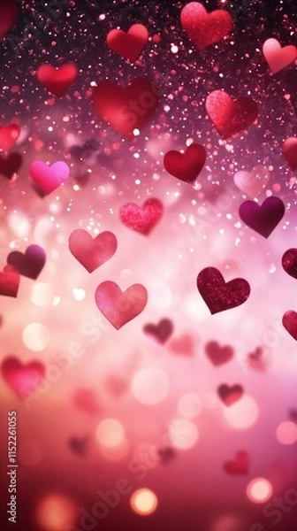 Fototapeta Blurred glittering hearts and lights. Gradient pink and red abstract backdrop. Romantic and love concept. Valentine's Day background. Vertical banner