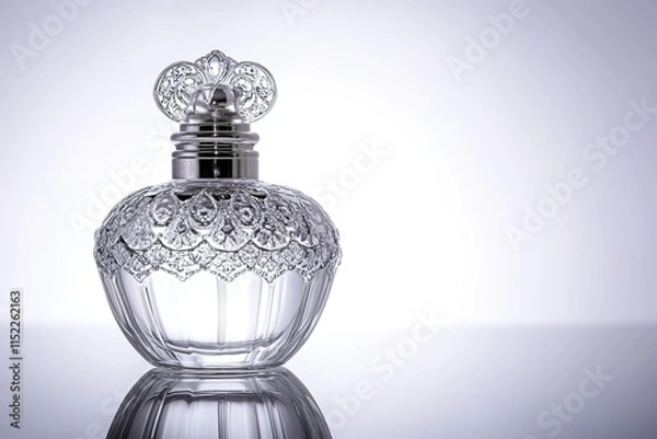 Fototapeta delicate vintage-inspired perfume bottle with ornate atomizer resting on reflective white background under bright light