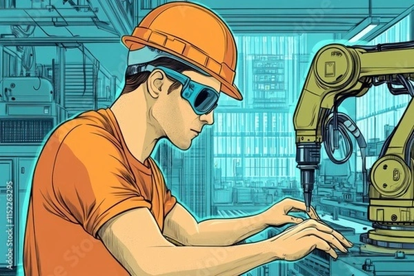 Obraz Worker in Hard Hat Inspecting Robotic Arm in Cartoon Style Drawing with Exaggerated Features in an Assembly Line Setting