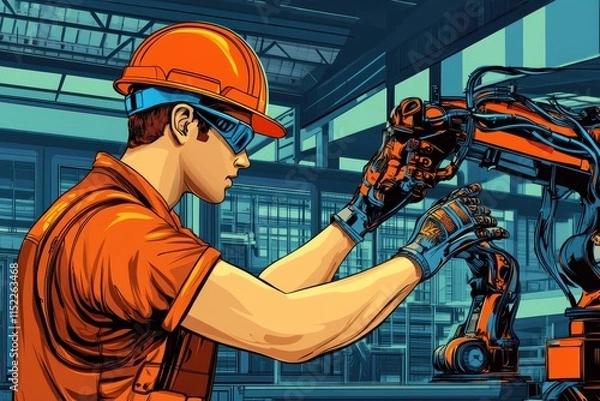 Obraz Cartoon-style illustration of a worker in an orange hard hat inspecting a robotic arm in an assembly line setting with exaggerated features and vibrant colors.