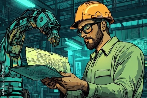 Obraz Cartoon Style Illustration of a Man in Hard Hat Inspecting Robotic Arm in an Assembly Line Setting with Exaggerated Features and Vibrant Colors