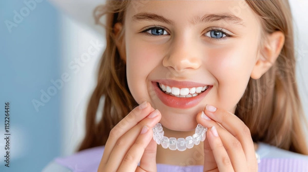 Fototapeta Young girl smiles brightly holding clear aligners with teeth visible, showcasing orthodontic treatment and confidence in dental care in bright environment