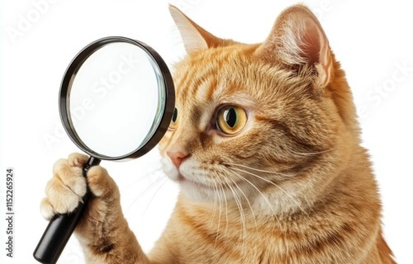 Fototapeta cat holding magnifying glass isolated on white background, png file with transparent background for photoshop collage of animals and pets, high resolution, 304x278 pixels, cat's face is large and prom