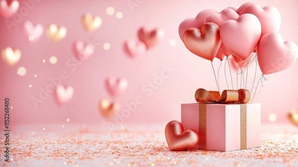 Fototapeta Volumetric 3D gift boxes with shiny heart-shaped balloons stand on the floor surrounded by golden confetti on a soft pink background with a blurred garland of hearts bokeh