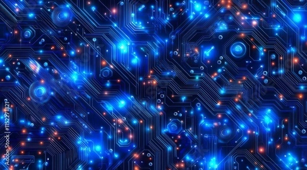 Obraz Digital circuit board background with glowing blue patterns and intricate design. The circuit board is covered in a complex network of metallic traces and components, creating a visually striking and 