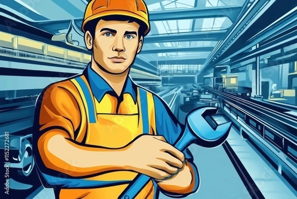 Fototapeta Stylized Vector Art of a Worker Holding a Wrench on a Factory Floor with Conveyor Belts in a Modern Industrial Setting