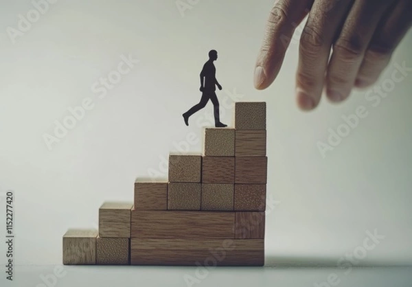 Fototapeta Hand walking on wooden block stairs with human silhouette, a growth concept for business development and personal achievement in a stock photo. A man's hand walks up the steps of wooden blocks to a su