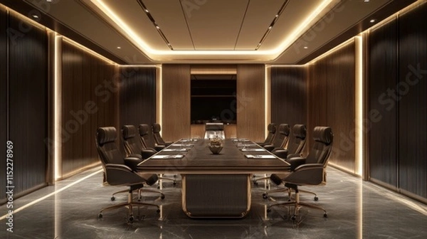 Fototapeta A modern and luxurious conference room with a long table and leather chairs