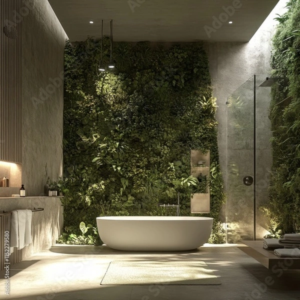 Fototapeta Imagine an interior bathroom wall with plants growing on the entire surface of it, creating a lush and natural atmosphere. The design includes lots of greenery for decoration but also creates a sustai