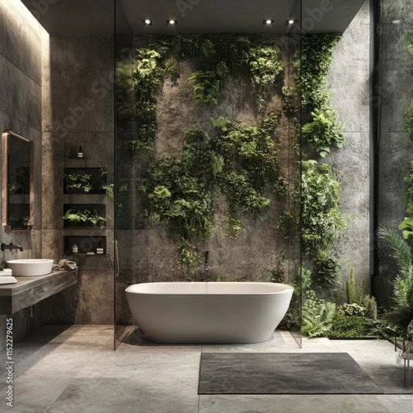 Fototapeta Imagine an interior bathroom wall with plants growing on the entire surface of it, creating a lush and natural atmosphere. The design includes lots of greenery for decoration but also creates a sustai