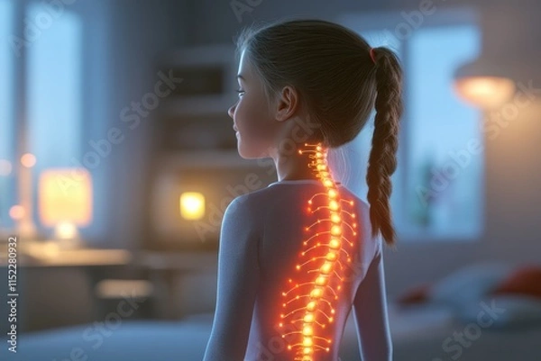 Fototapeta Pediatric Clinical Illustration of Scoliosis Back Curvature with Soft Lighting in a Calm Setting to Highlight Medical Visualization for Educational Purposes