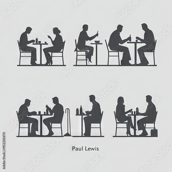 Fototapeta Minimalist white on light gray background, vector design of various people doing different things like cleaning and sitting at tables in a restaurant. "Paul Lewis" written under the silhouette, simple