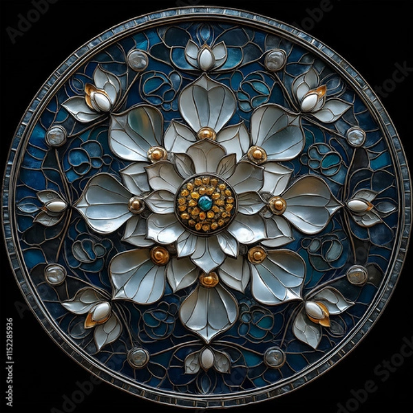 Fototapeta A circular mandala pattern, glowing in metallic hues of silver and turquoise (home decor) generative AI