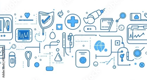 Fototapeta Set of icons for medical, health care, and digital hospital in a line art style with a blue color on a white background. Vector illustration design elements with simple, clean edges. Vector graphics. 