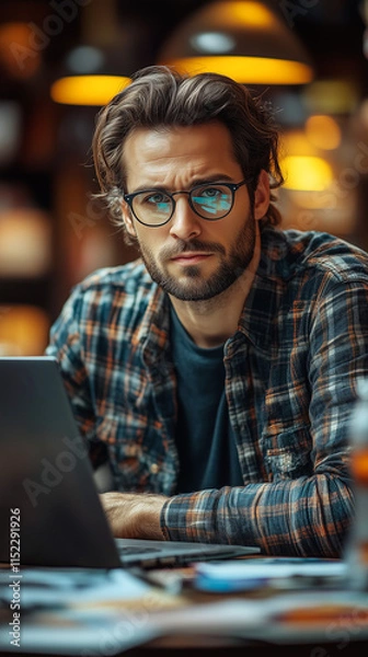 Obraz Man working at a laptop computer wearing a checkered shirt.