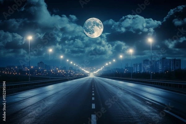Fototapeta The empty asphalt road runs through the city, illuminated by street lamps on both sides. An oversized full moon hangs in the sky above. The clouds cover most of the sky at night, creating a dark atmos