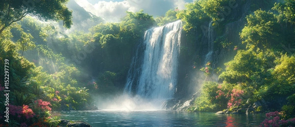 Obraz Serene Waterfall in Lush Tropical Paradise