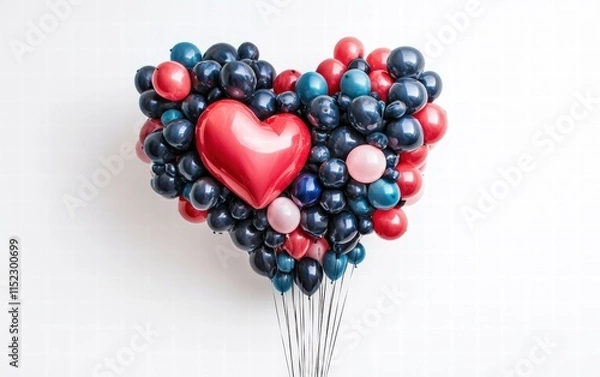 Fototapeta A heart-shaped balloon bouquet, hovering mid-air against a white background for Valentines Day