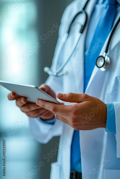 Fototapeta A doctor using a tablet computer in a hospital room