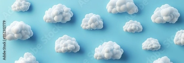 Fototapeta vector graphic of white clouds on blue background, arranged in rows and columns, each cloud is the same size, vector graphics -