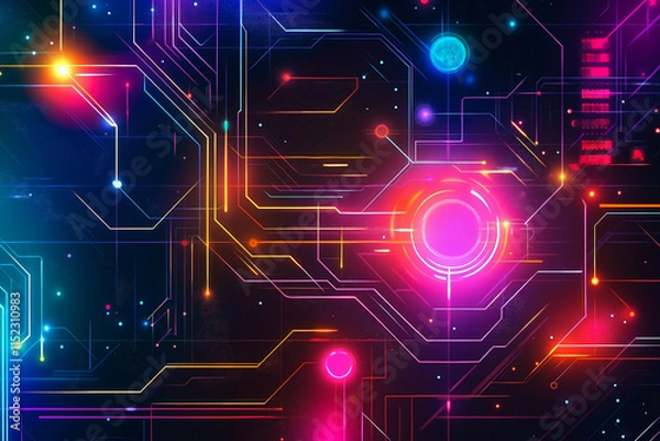 Fototapeta A futuristic background with neon lights and a circuit board