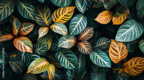 Fototapeta Colorful tropical leaves creating a vibrant natural tapestry in a serene environment
