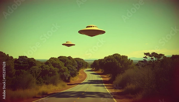 Fototapeta Unidentified flying object. Two UFOs flying over a road among the trees. 3D illustration retro photo vintage. Noise and defects of old photo film, asian style, with white tones