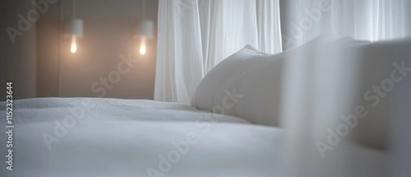 Fototapeta A white bed with a white pillow and a white sheet