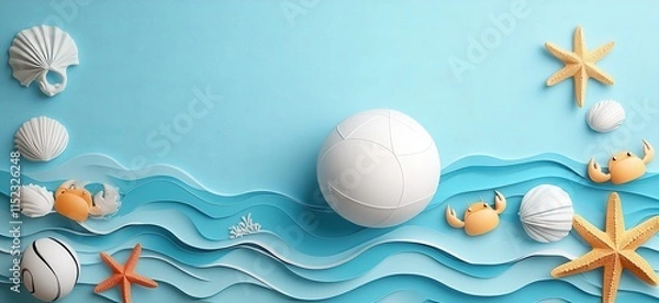 Fototapeta Vibrant blue water background with cartoon-style waves, featuring starfish, seashells, a playful crab, and a beach ball, perfect for summer-themed designs and playful aquatic concept illustrations.