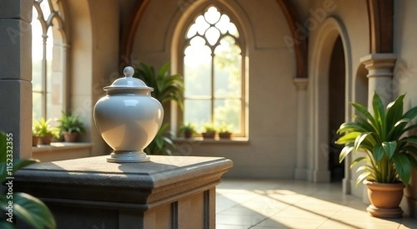 Fototapeta Elegant urn for ashes placed in a serene memorial setting bathed in warm light, a tribute to a cherished life lost