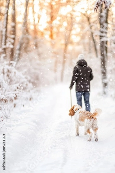 Fototapeta Owner walking with his dog, snow forest, winter walk, winter wonderland, walking with a pet in a forest, active pet