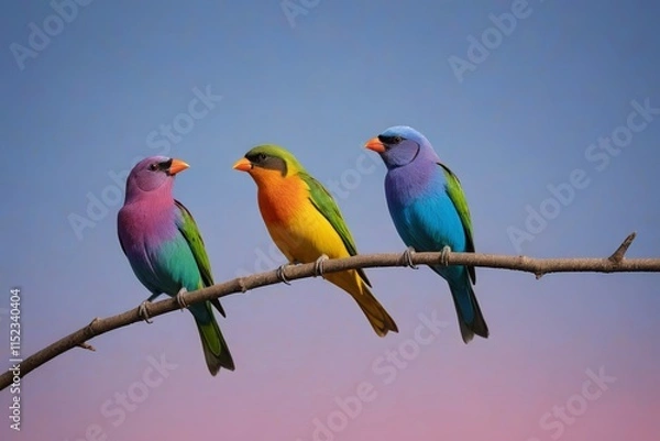 Fototapeta three colorful birds perched on a branch against a blue sky