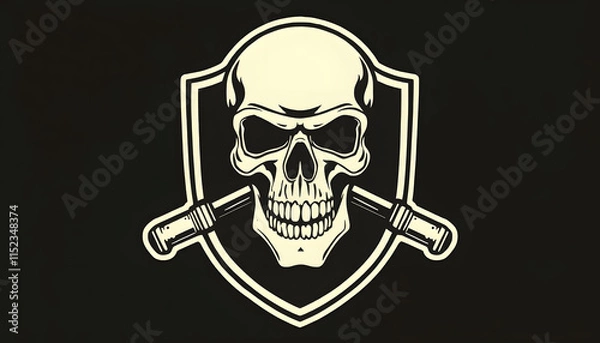Fototapeta illustration of skull biker in shield, vintage logo style, ai generate, flat papercut style, with white tones