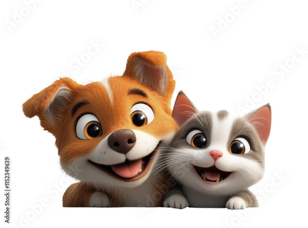 Obraz A smiling cartoon dog and cat are together, isolated on a transparent background.
