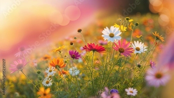 Obraz Vibrant wildflowers, including cosmos, daisies, and other colorful blooms, creating a lively and picturesque scene filled with rich hues, natural beauty, and the essence of a blossoming meadow
